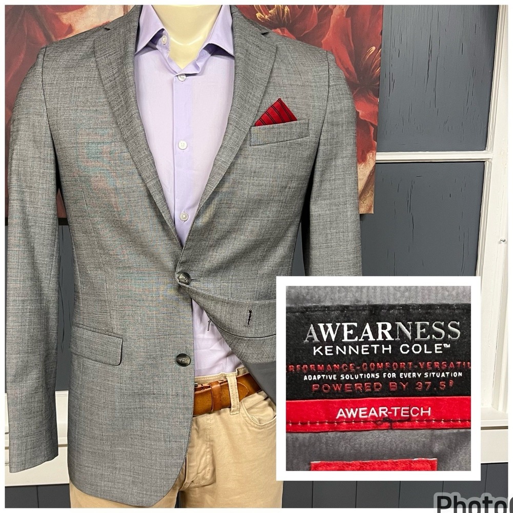 Kenneth Cole Blazer Sport Jacket Mens 38L Long Slim Fit Wool Blend Stretch Gray - Picture 1 of 13
